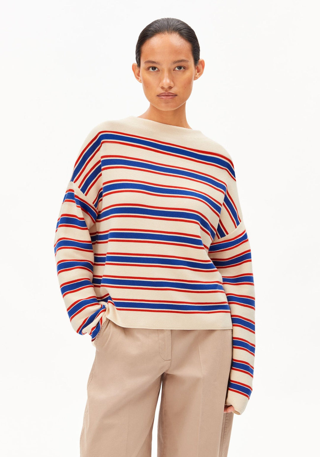 MERINAA STRIPES KNIT SWEATER - oatmilk-mars red-dynamo blue