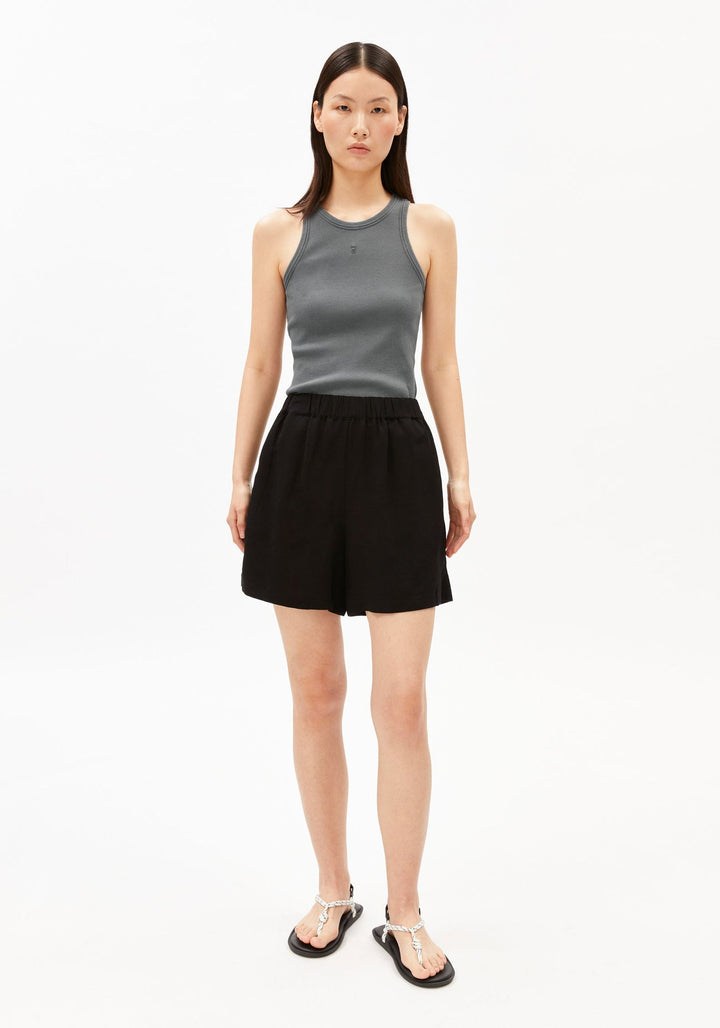 LINEN BLEND PULL ON SHORT - black