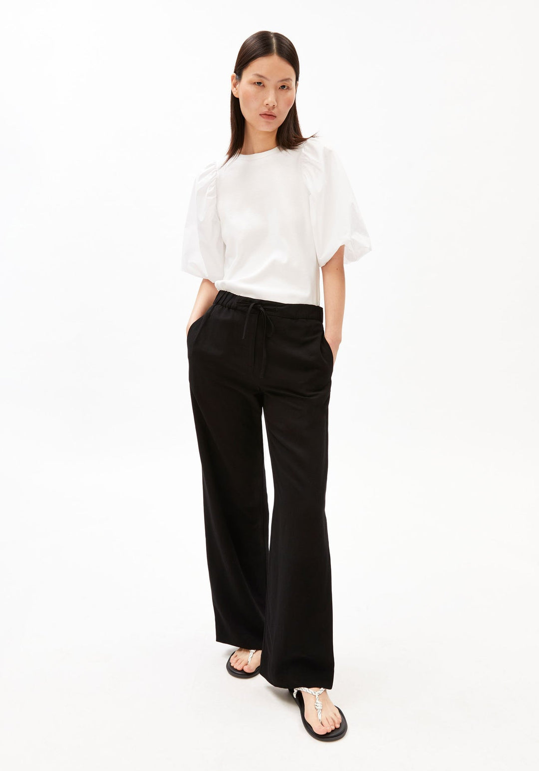 LINEN BLEND STRAIGHT LEG PANT - black